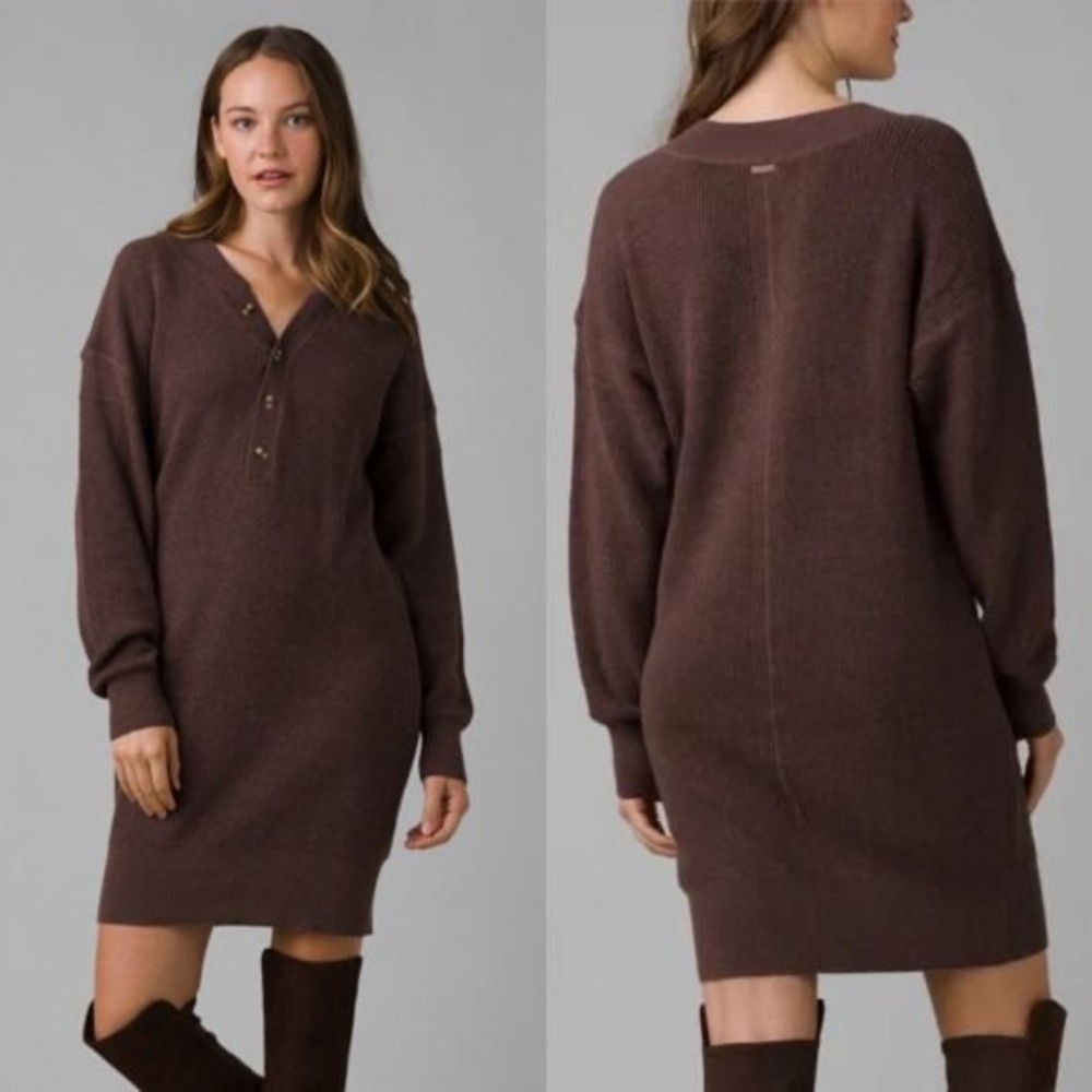 prAna Milani Henley Waffle Sweater Dress Clove Brown Size S NWT Organic Cotton